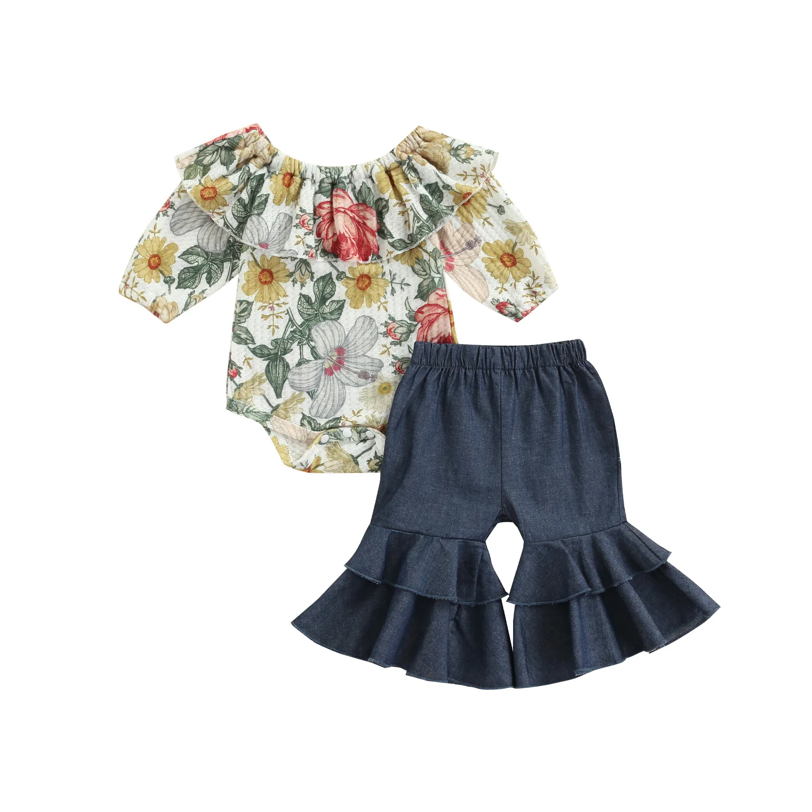 Infant Baby Girl Flare Trousers Suit Floral print Long Sleeve Romper