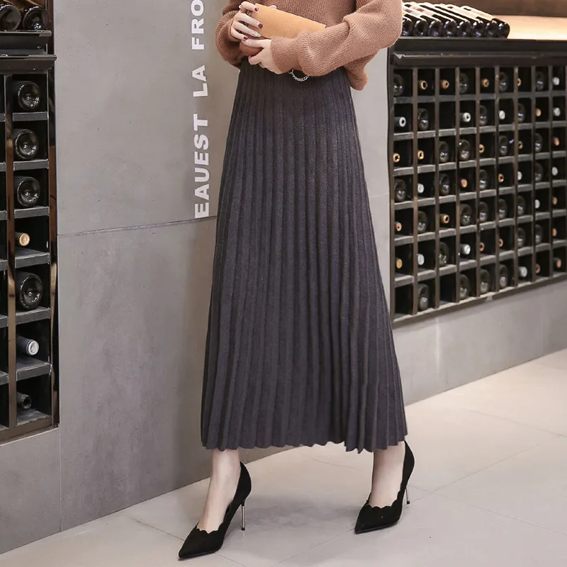 

Knitted Skirt Thick Korean-style 2019 Autumn And Winter New Style Pleated Skirt Slimming Big Skirt High-waisted Wool Skirt Long