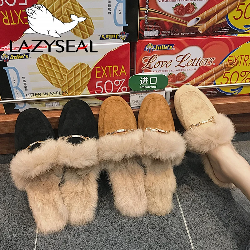 LazySeal/новые меховые тапочки; обувь без задника с натуральным мехом; женские тапочки с квадратным носом; женские Вьетнамки; женские шлепанцы без задника с металлическим украшением