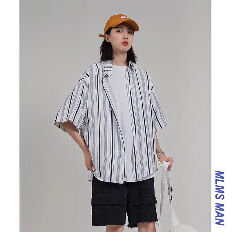 

Womens Striped Shirts for Summer Short Sleeve Blouse Loose Fit Couple Streetwear Button Up Tunique Femme korean fashion clothing