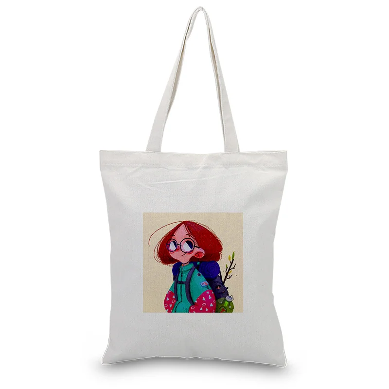 

Girl Pattern Canvas Tote Bag Shopping Bag Handbag Daily Use Eco Reusable Recycle Custom Print Logo Text DIY