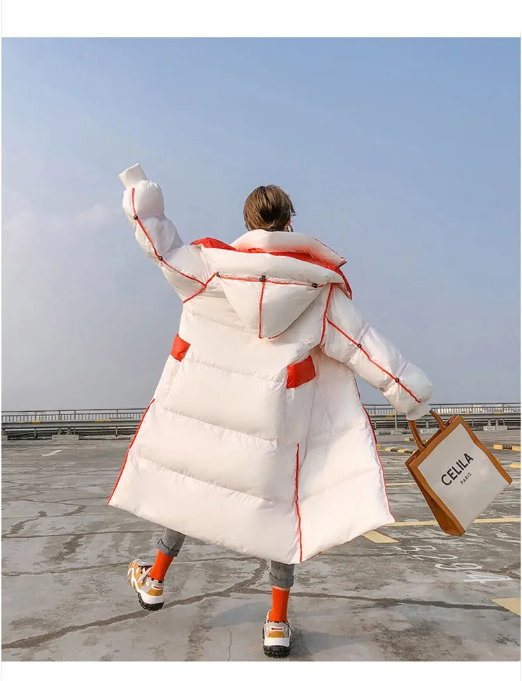 Модное женское пуховое пальто с капюшоном, длинное пальто, свободная парка, зимняя Новинка, корейский белый пуховик на утином пуху, женское высококачественное толстое теплое пальто