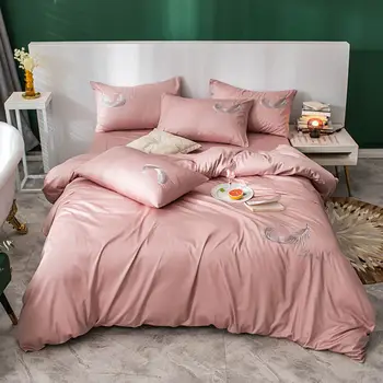 

Svetanya Feather Embroidery Egyptian Cotton Linens Twin Queen King Size Bedding Duvet Cover Set Flat Fitted Sheet