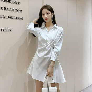 

Han edition long-sleeved shirt collar will ~ the new autumn dress web celebrity waist shirt skirt to show thin temperament