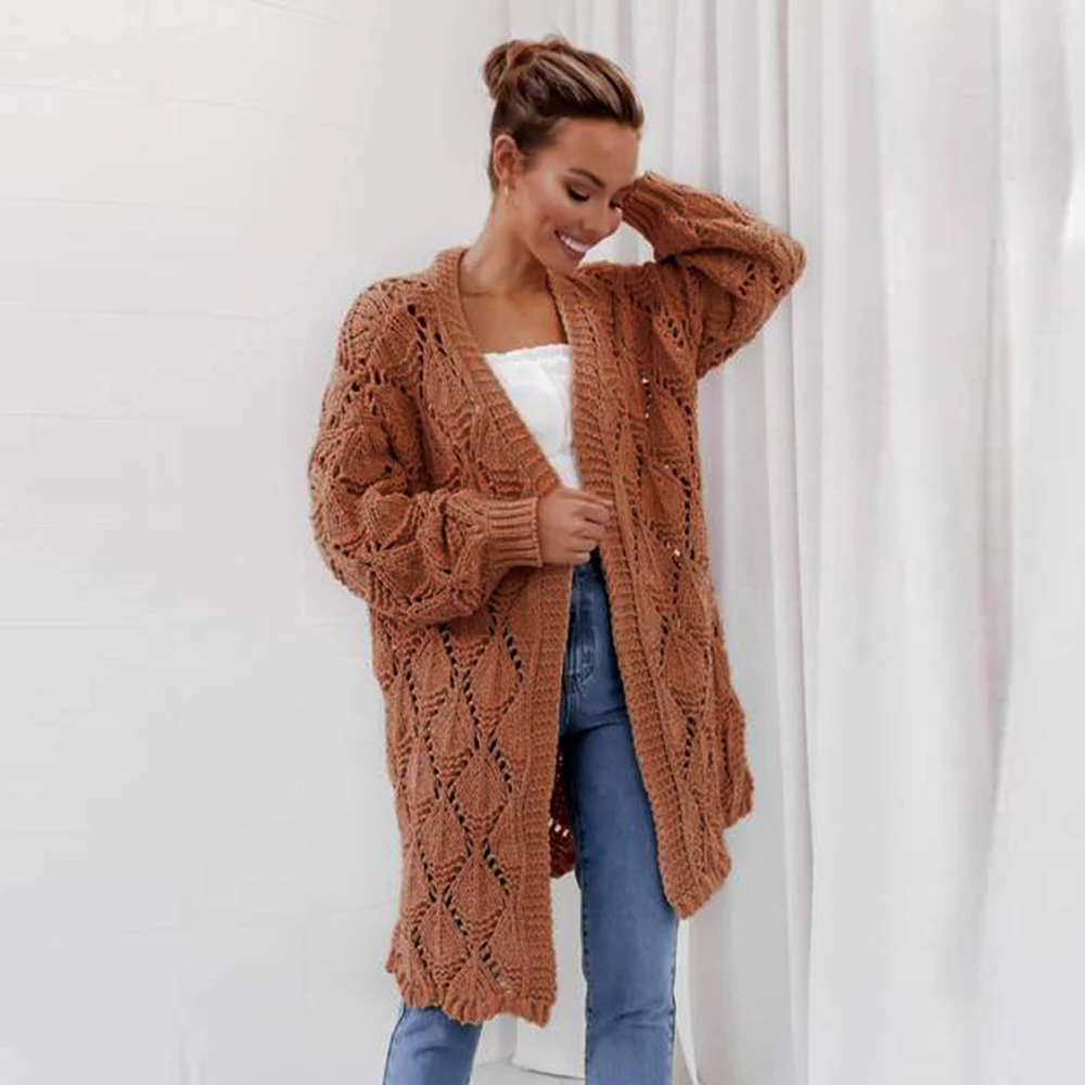 Pure Color Hollow Cardigan Knitted Women Autumn Outfit Knit Oversized Plus Size Sweaters Long Leisure Sweater New