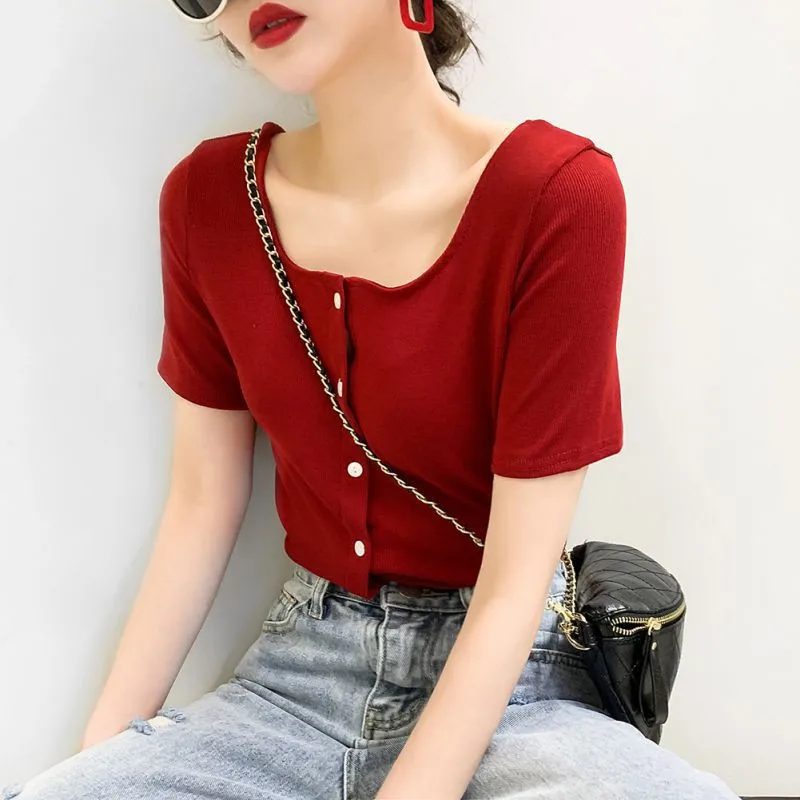 

EFINNY Sexy Casual Women T-Shirt Button O-Neck Lady Tee Tops Knit Short-Sleeved Women's T Shirt