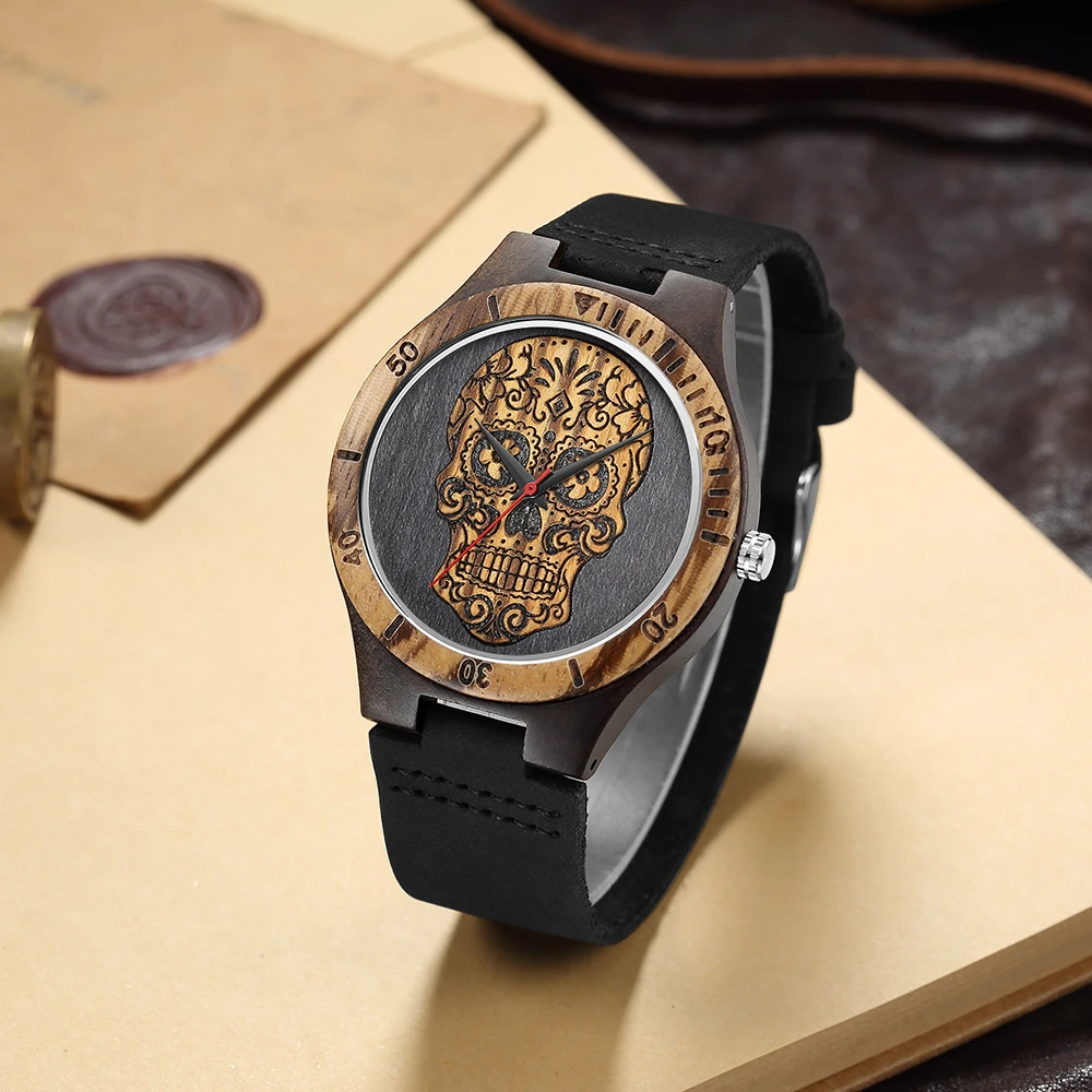 Wood Watch Skull Head Wooden Watches for Men Laser Engraved Carving Mexico Punk Rock Dial Clock Watches Male relogio masculino