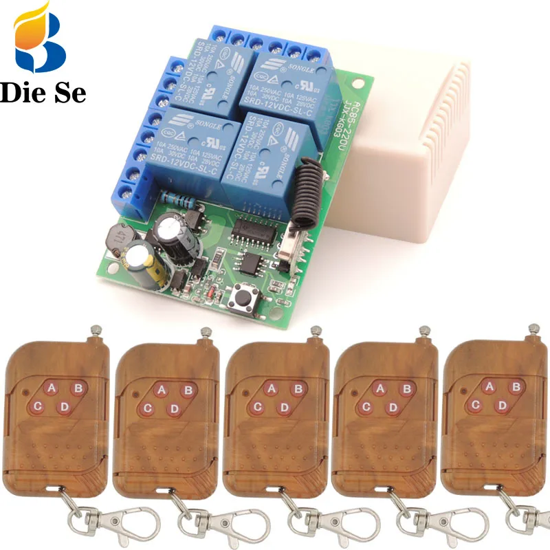 

433 MHz Universal rf Remote Control Switch AC 220V 10A 4CH rf Relay Receiver and Transmitter for Garage door and gate Control