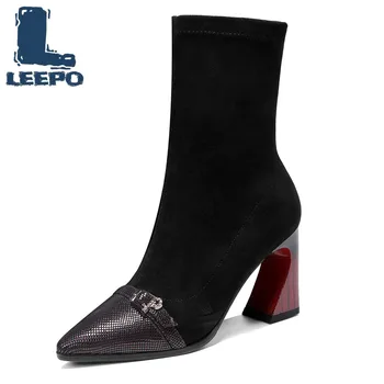 

Mid Calf Boots for Women Sheepskin Stretch Knitted Female Luxury High Quality Shoes Woman Spring Autumn Comfort Soft Long Boots