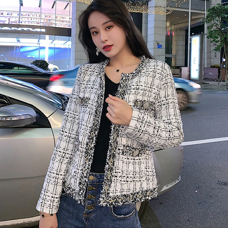 Picture color Autumn Fashion Week High Quality Tassel Tweed Jacket Women Grace Long Sleeves Single Breasted Lattice Tweed Jacket Coat - Color: Picture color
