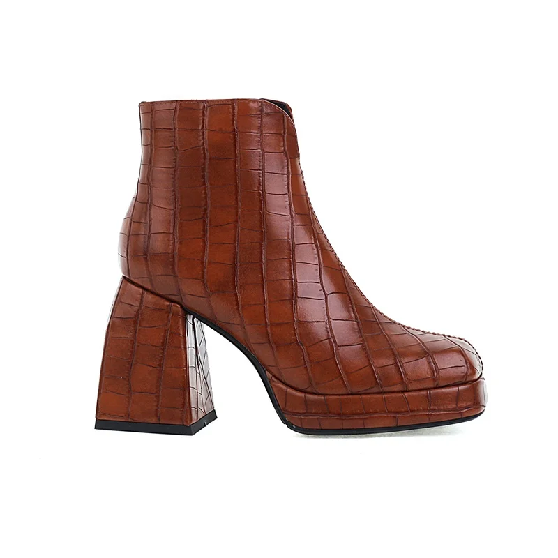 autumn winter high heels black thick platform ankle boots woman new punk print microfiber zipper leather shoes woman ankle boots