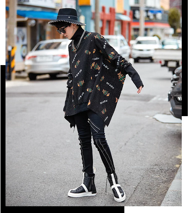 Spring and autumn loose high collar cape windbreaker men's trend printing casual jacket chic original bat sleeve cloak