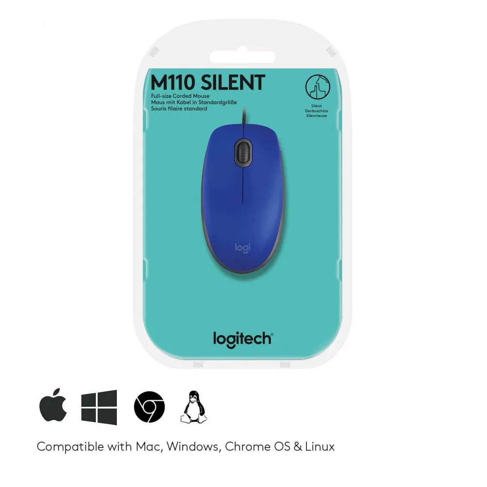 Мышь Logitech M110 Silent(M110s) Blue(синяя, бесшумная, оптическая, 1000dpi, USB, 1.8м
