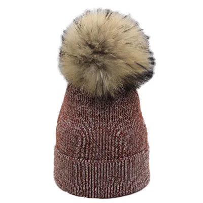red wine Women Beanies Raccoon Fur Pom Poms Wool Hat Beanie Knitted Skullies Fashion Caps Ladies Knit Cap Winter Hats For Women - Цвет: red wine