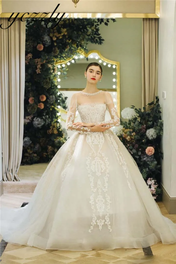 Robe De Mariee винтажное бальное платье с круглым вырезом кружевное свадебное платье с жемчугом размера плюс длинные рукава аппликации свадебное платье со стразами W189