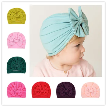 

Children Solid Bow Hat Baby Headgear Newborn Soft Cotten Tire Caps Infant Warm Hedging Cap Large Bows Head Turban Bebes Bonnet