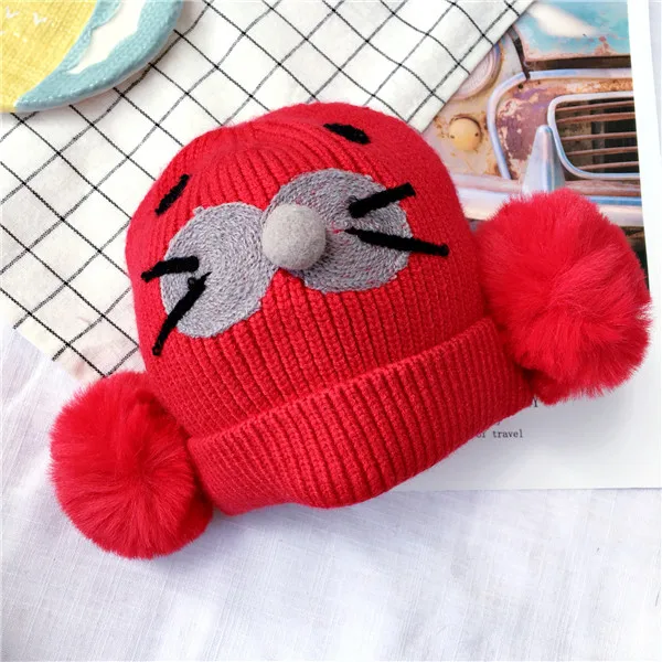 Детские шапочки Skullies Beanies для мальчиков и девочек, зимняя однотонная шапка с мультяшными ушками, теплые модные Эластичные аксессуары с помпоном - Цвет: 1