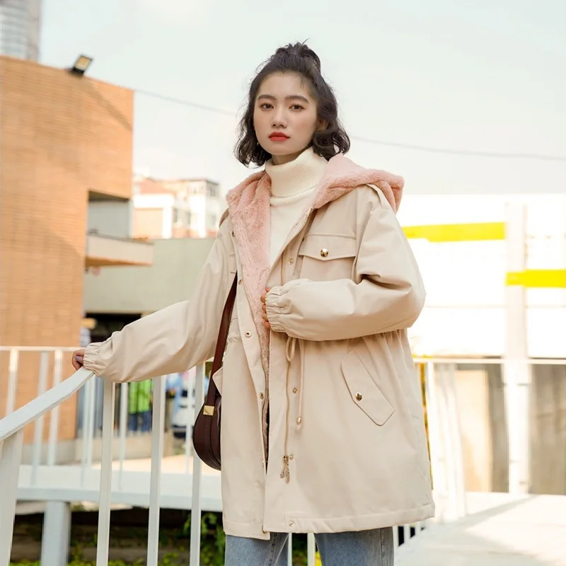 

2019 Winter Korean-style Sweet Hipster Loose-Fit Mid-length Drawstring Slimming Hooded Dehaired Angora Thick Cotton Overcoat Wom
