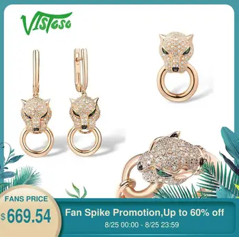 

VISTOSO Jewelry Set For Woman Pure 14K 585 Rose Gold Leopard Emerald Sparkling Diamond Pendant Earrings Ring Set Fine Jewelry