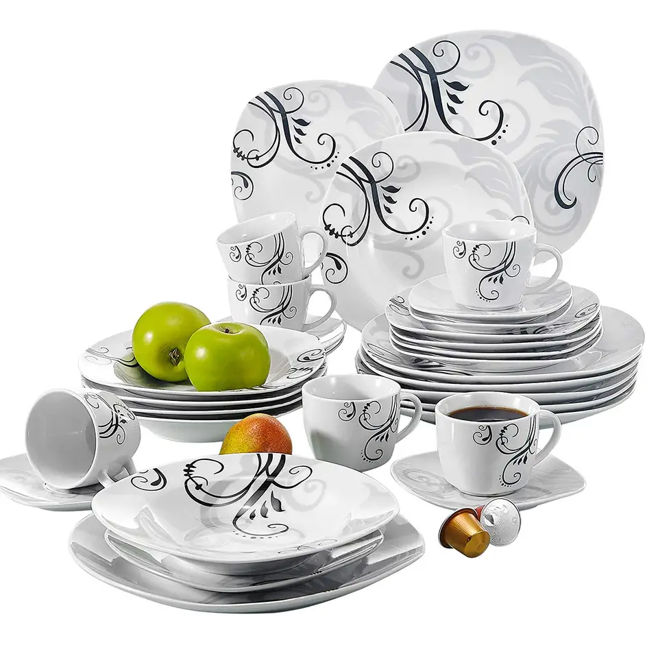 VEWEET Zoey 30 Piece Black Decals Dinner Set