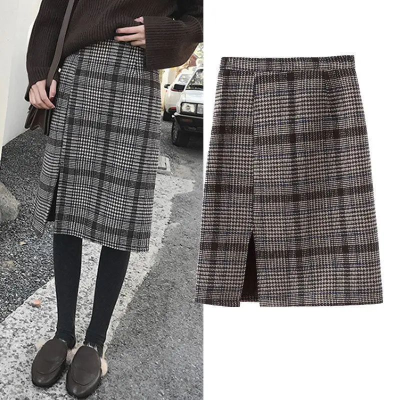 Юбки женские длинные шерстяные теплые клетчатые весна осень высокая талия поясом элегантная для работы в офисе миди юбка шерсть зима saia