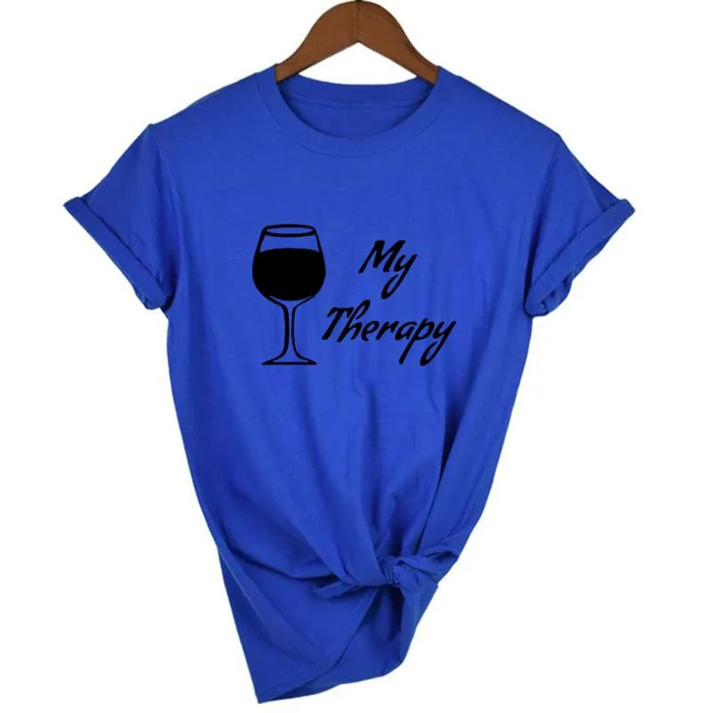 MY THERAPY Wine/женская футболка с принтом, Повседневная футболка с коротким рукавом и круглым вырезом, Женская хипстерская забавная футболка, женские топы размера плюс XS-2XL - Цвет: blue 1