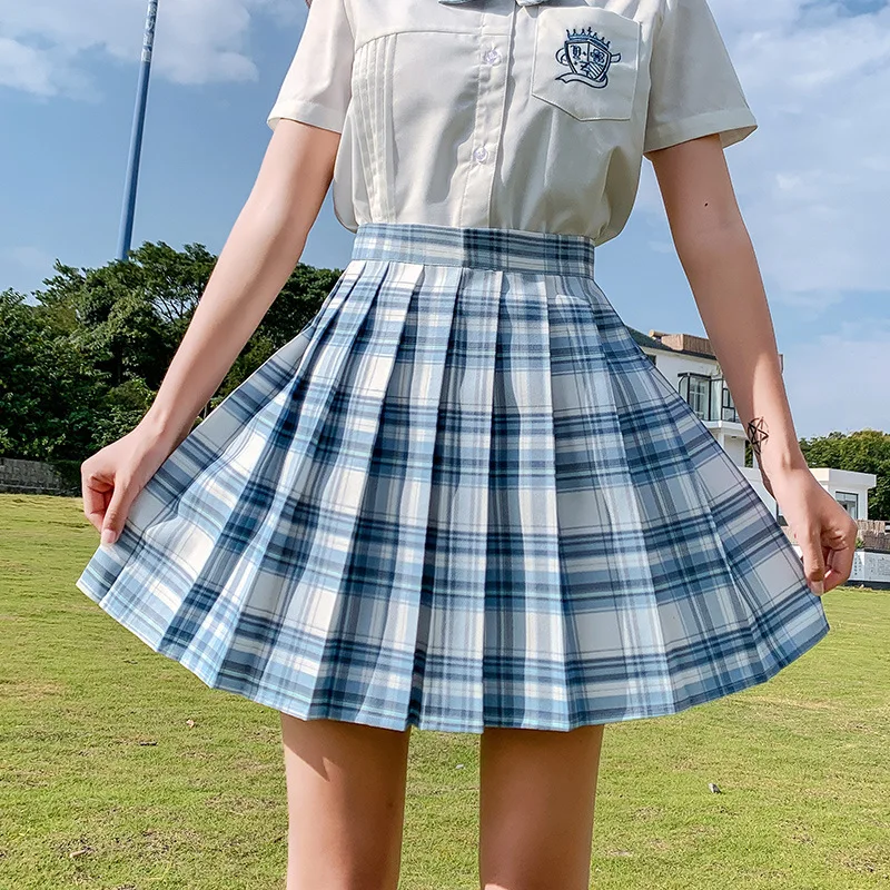 QRWR New Summer Women Skirts 2021 High Waist Girl's Pleated Skirt Korean Japanese Style Ladies Sweet Plaid Mini Skirts for Women