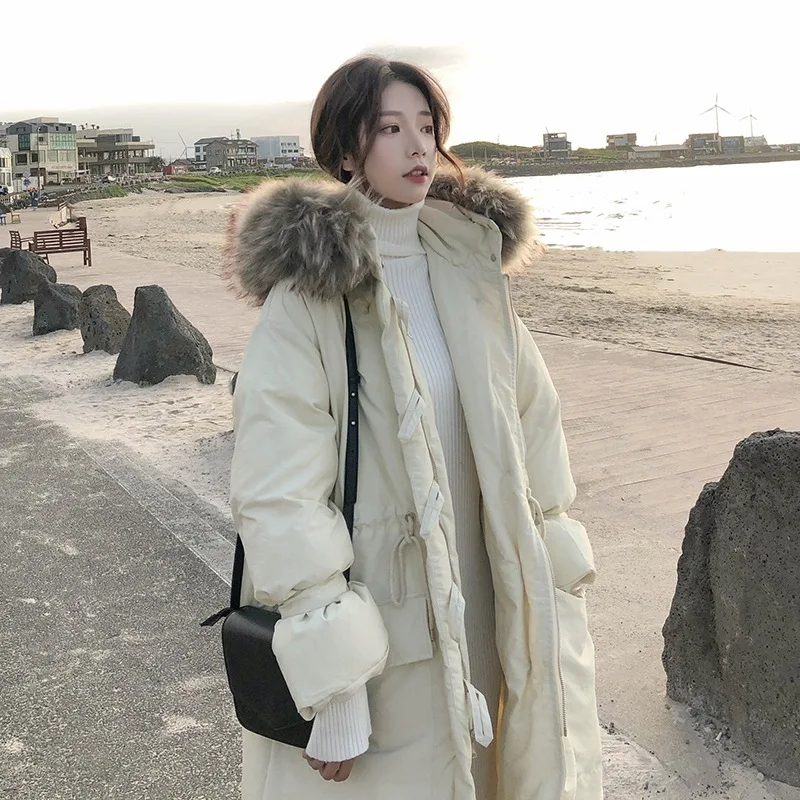 

Photo Shoot in Haze Blue Waist Hugging Drawstring down Coat CHIC Korean-style Single Breasted Large Fur Collar Hooded Cotton Ove
