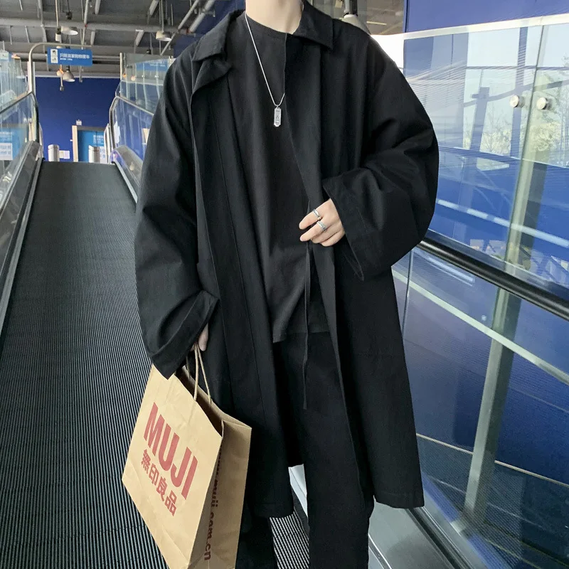 Men Long Trench Coats Autumn Korean Handsome Turn Down Collar Outerwear Solid Leisure Loose Streetwear New Design Windbreaker trench coat,casual men jacket