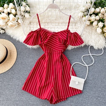 

Spring Summer Wear 2020 Women's Holiday Jumpsuit Hollow Off-shoulder Slash Neck Striped Wide-leg Playsuits L375