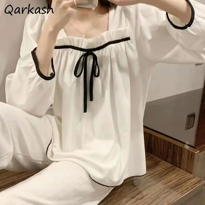 

Пижамный комплект Женский в японском стиле, милая Дамская ночная рубашка с квадратным вырезом, повседневный костюм в стиле пэчворк, с длинным рукавом, в стиле принцессы, Ulzzang, для студентов