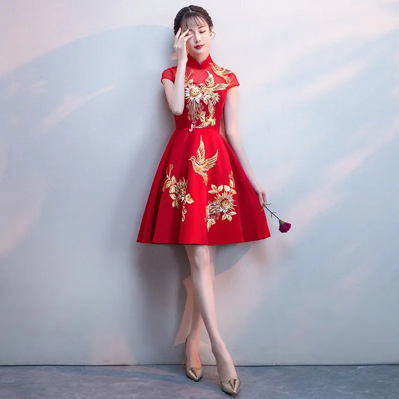 Женское изысканное вышитое китайское платье, воротник-стойка, Cheongsam, Элегантное свадебное платье, кружевное лоскутное платье, халат De Soiree
