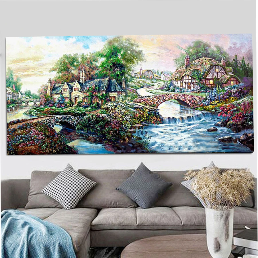 5D DIY Diamond Painting Riverside village cross stitch mosaic full square round diamond embroidery rhinestone painting home art