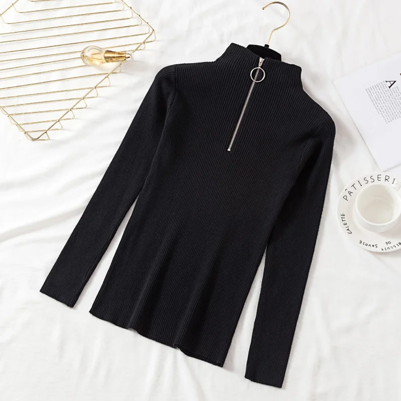 

2019 new women winter sweater fashion long-sleeved shirt half open collar solid color ribbed slim sweater T-shirt high collar