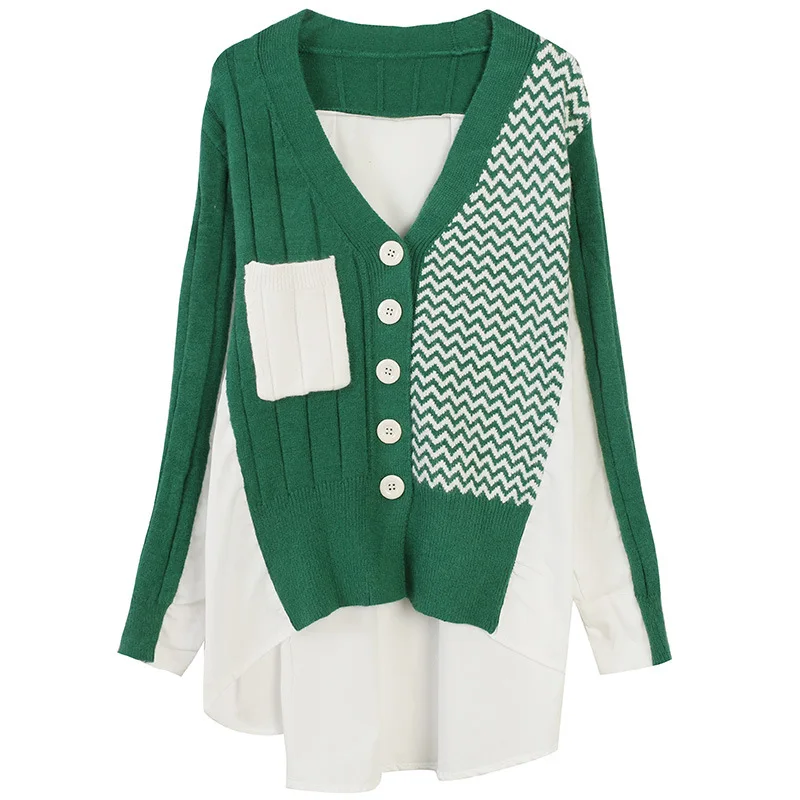 

Fall and Winter 2019 New Sweater Women Car Cloth Stitching Loose Long Sleeve Knitted Card Thin V-Neck Cardigans Women Sweater