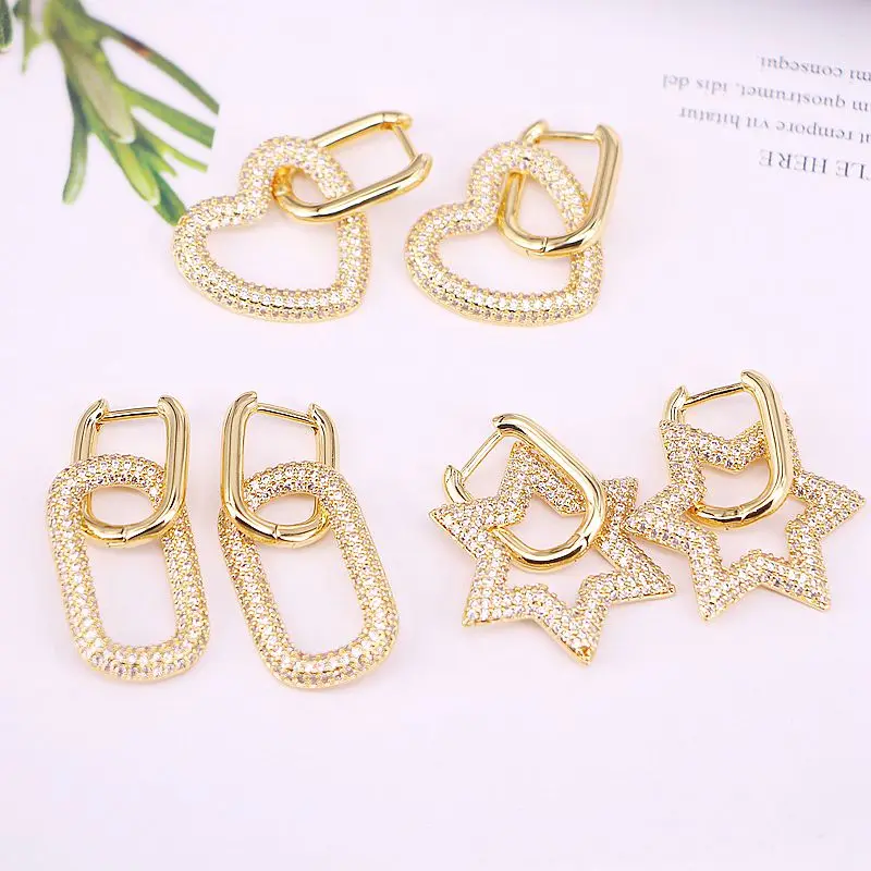 

5Pairs, Star/Oval/Heart Dangle Earrings for Women Clear Micro Pave Jewelry Gold color Earrings