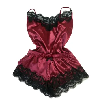 

S-3xl Size Women's Sleepwear Sexy Satin Silk Pajama Set Lace V-neck Pyjamas Sleeveless Cute Cami Top 2020 Pijama Mujer #LR2