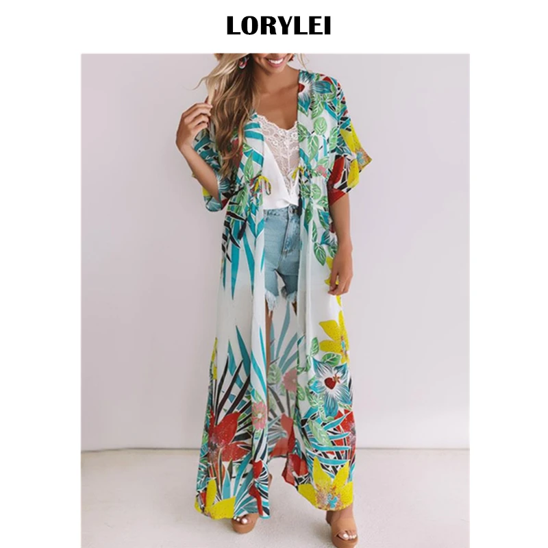 

2020 Sexy Bathing Suit Cover-ups Green Bohemian Tropical Printed Summer Beach Dress Women Plus Size Kimono Cardigan Sarongs N936