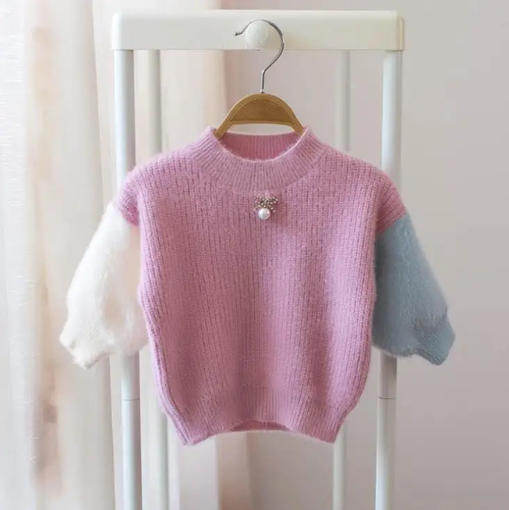 pink Верхняя одежда для девочек, коллекция года, осенне-зимняя вязаная одежда с милым цветком, свитер для девочек, одежда, топы, трикотажный пуловер для вечеринок, одежда для 1 года - Цвет: pink
