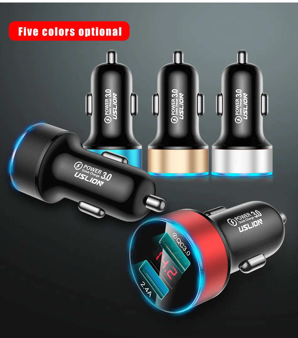 USLION 3A мини USB Автомобильное зарядное устройство 2 порта Быстрая зарядка 3,0 для мобильного телефона двойное USB быстрое зарядное устройство на автомобиль для iPhone samsung Xiaomi
