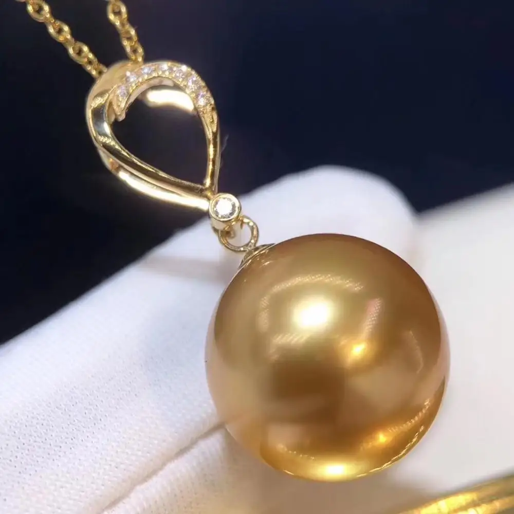 

D908 Pearl Pendant Fine Jewelry 18K Solid Gold Round 13-14mm Nature Sea Water Golden Pearls Pendants Necklaces for Women Gifts