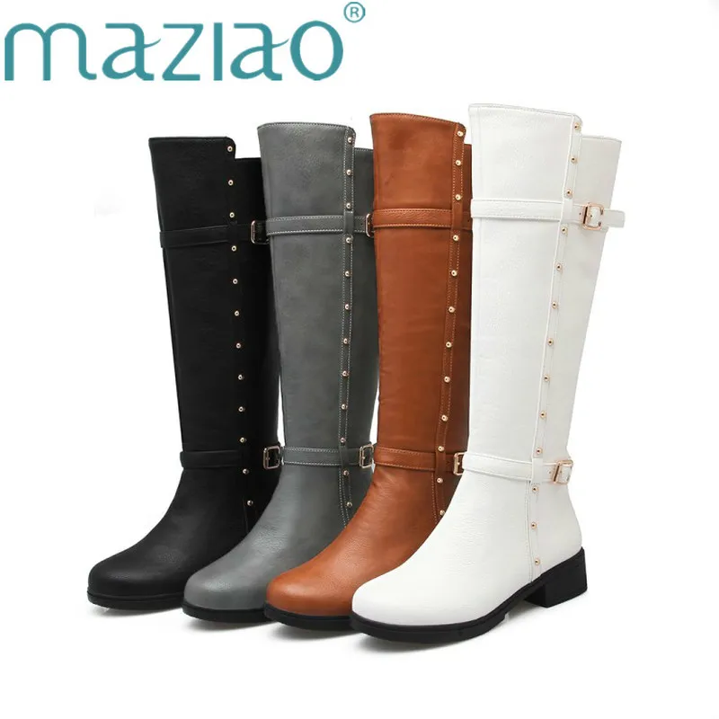 Женские сапоги до колена на среднем каблуке с пряжкой и заклепками; сезон осень-зима; модные высокие сапоги на молнии; элегантная женская обувь высокого качества; MAZIAO