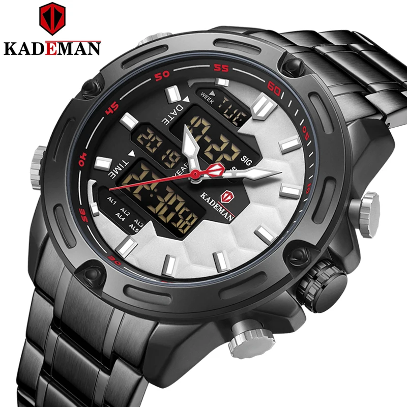 

New Kademan Brand Men's Sports Watch Full Steel Strap LED Dual Display Unique Design Fashion Quartz Wristwatch Waterproof K9070
