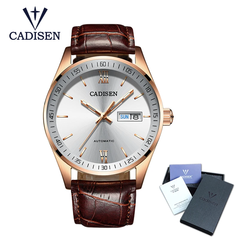 

CADISEN Automatic Men's Mechanical Table Artistic Temperament Rose Gold Wrist Watch Waterproof Date Calendar Double Display