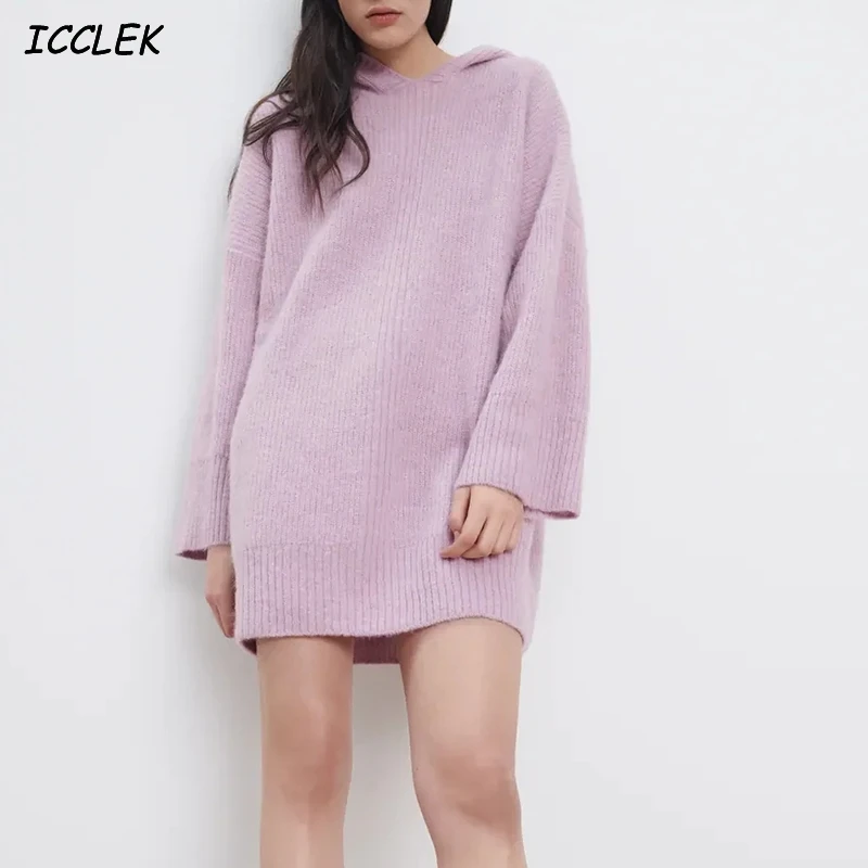 

Women's Oversize Sweaters Purple Hoodies Jumpers Mujer Pullover Long Sleeves Sweater Femme Loose Knitted Mini Dresses Casual Za