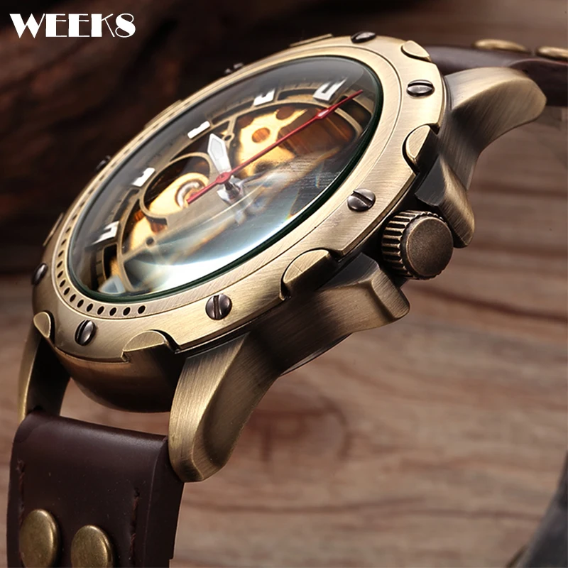 Vintage Men Automatic Mechanical Watch Bronze Case Gold Skeleton Dial Steampunk Leather Self Winding Male Mens Wristwatch Clock 3 brass case traditional weather station barometer temperature hygrometer humidity and clock white dial b2804