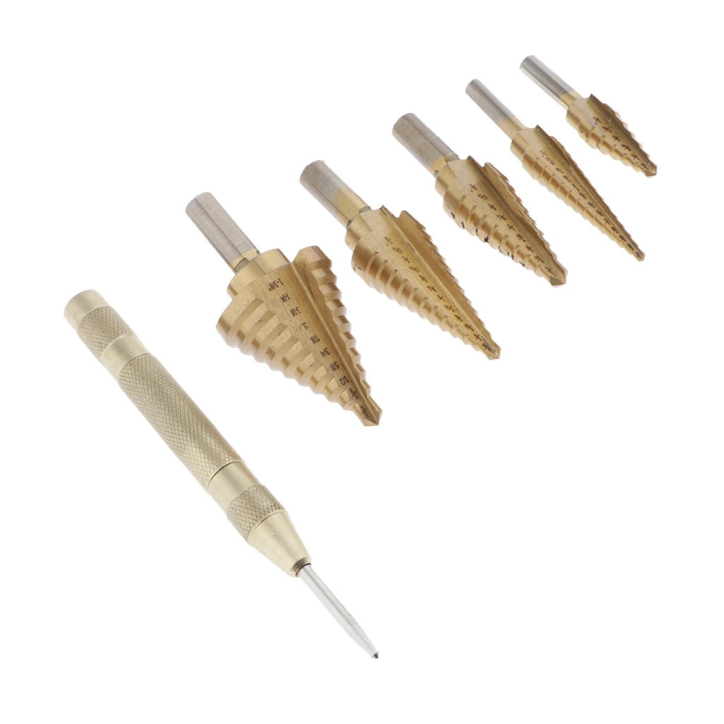 5Pcs Titanium Step Drill Bit Set, High Speed Steel, 1/8'' - 7/8'', with HSS Multiple Hole Drilling Cutting with Storage Case