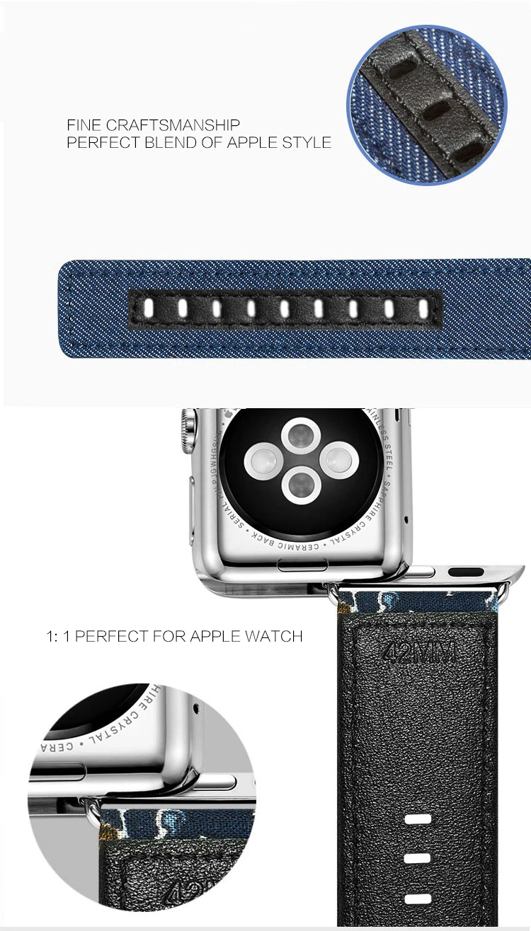 Спортивный ремешок из джинсовой ткани с петлей для Apple Watch band 4, 44 мм, 40 мм, подлинный кожаный браслет для iWatch series 3, 2, 1, 38 мм, 42 мм
