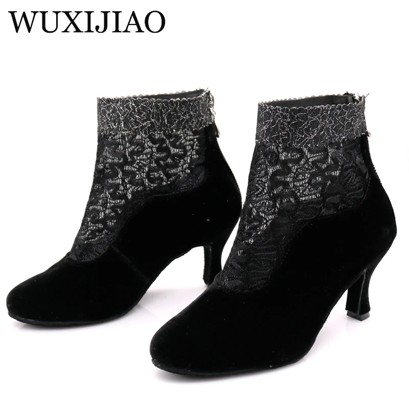 WUXIJIAO/женские туфли для бальных и латиноамериканских танцев; черные замшевые туфли для танцев на каблуке 7,5 см