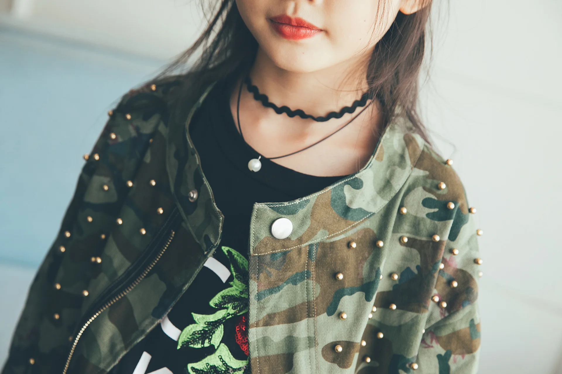 Autumn Winte New Big Children's Girls Fashion Jacket Long Camouflage Rivet European and American Style Girls Windbreaker